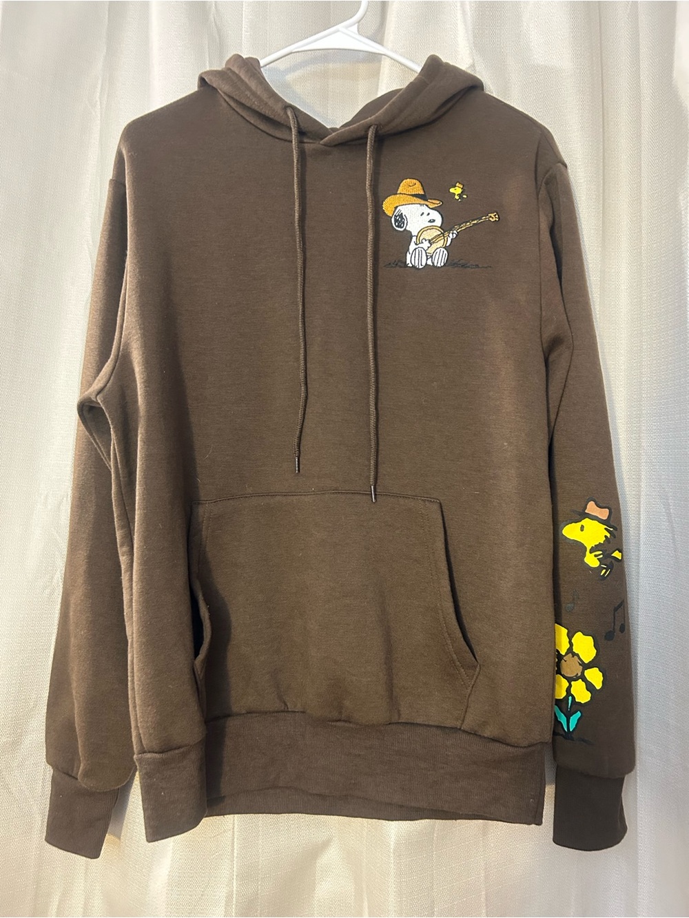 Peanuts Snoopy Banjo Cowboy Hat Brown Pullover Hoodie Size Small S Unisex